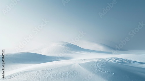 A serene, snowy landscape with pristine white expanses, exemplifying minimalist purity in winter. © olegganko