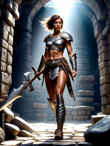 Woman dressed as warrior holding sword and large sword in her hand.