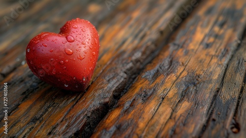 Czerwone serce leży na drewnianym stole.