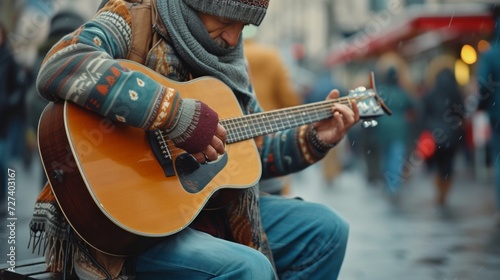 A street musician playing a soulful melody, connecting with passersby through the magic of music.
