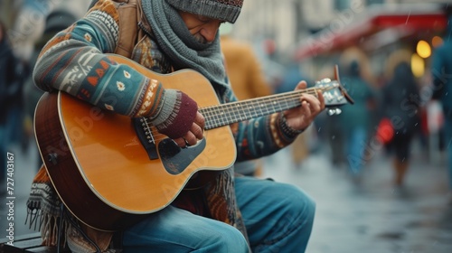 A street musician playing a soulful melody, connecting with passersby through...