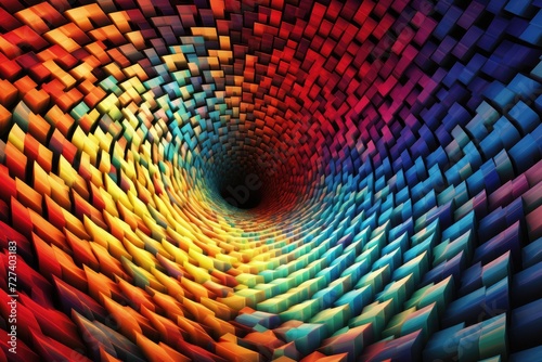 Prepare to be amazed as you embark on a mesmerizing journey through a vibrant rainbow colored tunnel  Rapidly shifting prismatic shapes within a digital vortex  AI Generated