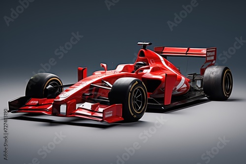 A vibrant red race car parked confidently against a neutral gray background, ready to demonstrate impressive speed and agility, Red formula car, AI Generated