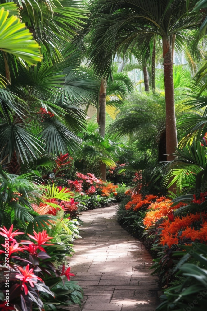 A tropical garden with exotic plants like palm trees, ferns, and vibrant, lush foliage.