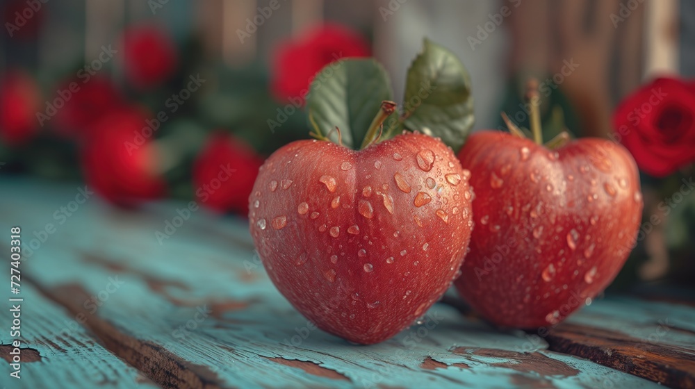 Para czerwonych jabłek w kształcie serca z kroplami porannej rosy, w tle miłosne róże