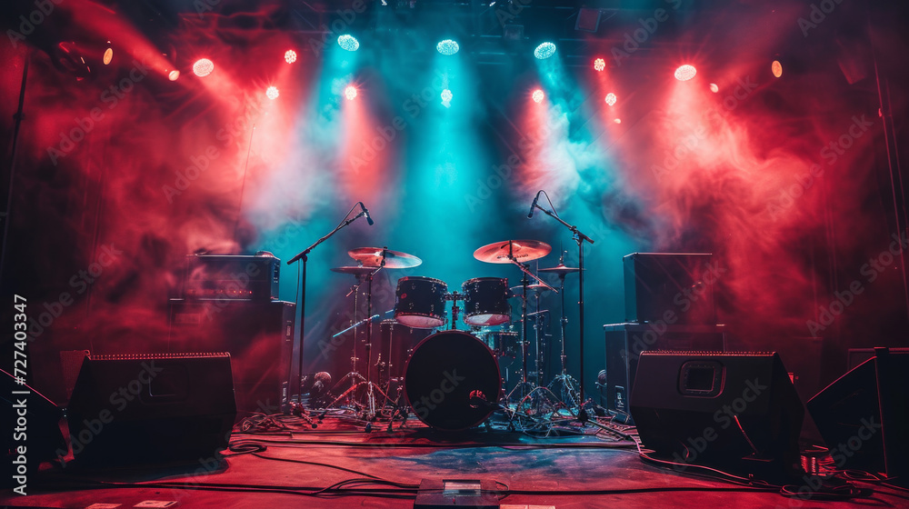 A rock concert's stage setup, featuring electric guitars and drums, embodying high-energy performances. - obrazy, fototapety, plakaty 