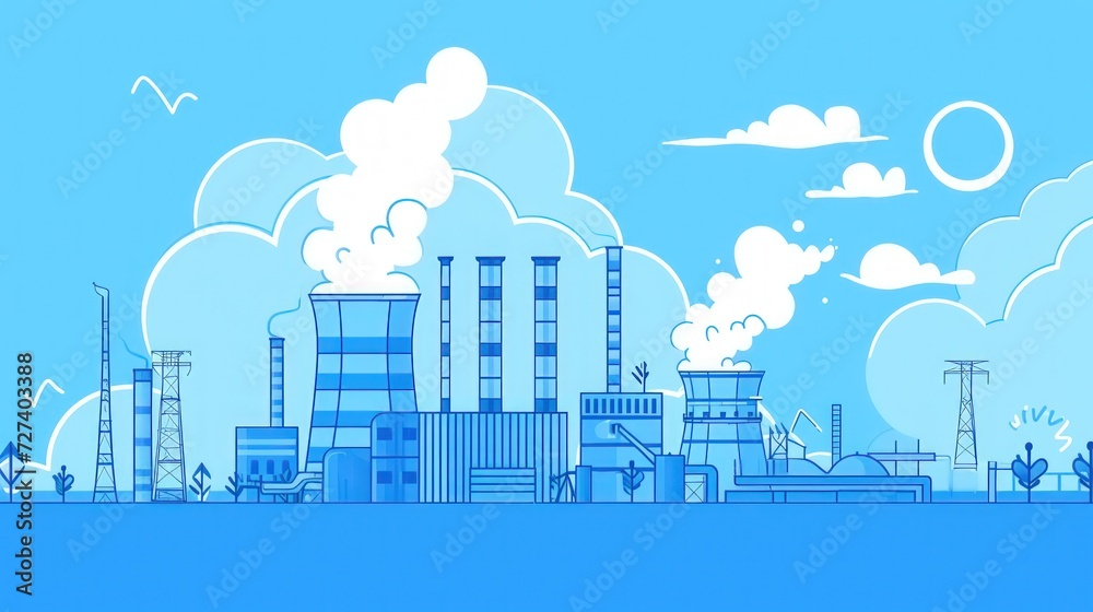 Illustration factory pollution with line art info graphic flat style, blue background. Generated AI