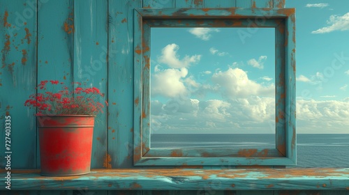 Uspakajający obraz jasno niebieskiego parapetu okna z widokiem na ocean. Czerwona doniczka z kwiatami z boku. 