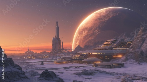 A futuristic space colony on a distant planet, imagining the future of human ...