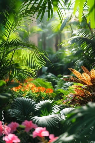 A tropical garden with exotic plants like palm trees  ferns  and vibrant  lush foliage.