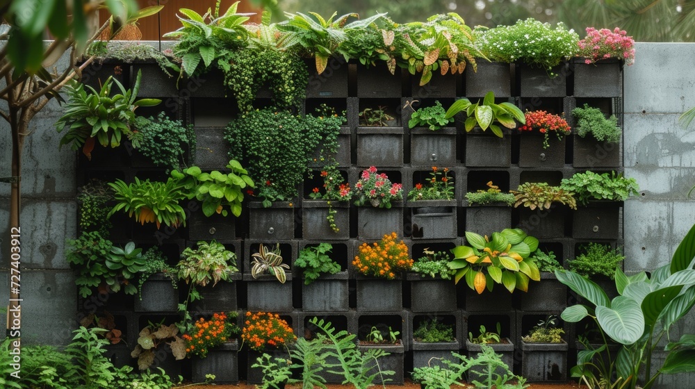 A vertical garden wall, using pockets or shelves to maximize greenery in small spaces.