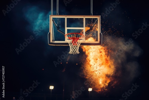 Witness an incredible moment as a basketball engulfed in flames traverses the hoop with precision and grace, Scoring the winning points at a basketball game, AI Generated photo
