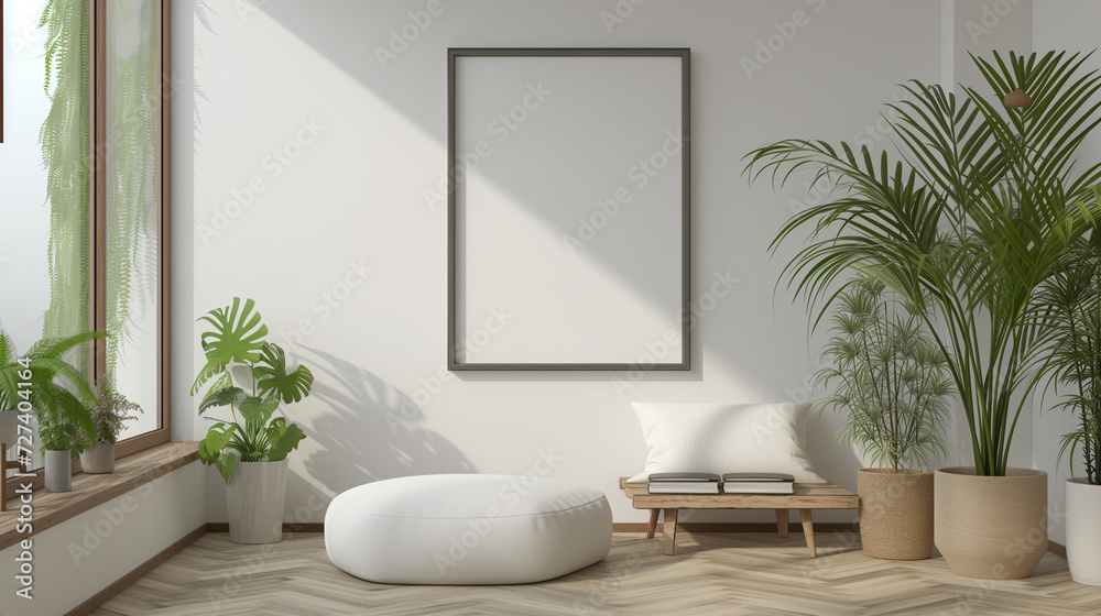 Empty blank wall mounted picture frame. Modern interior design. 3D render Empty blank wall mounted picture frame. Modern interior design. 3D render