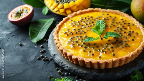 A tropical mango passionfruit tart with a bright, fruity filling and a buttery shell. large copyspace area, offcenter composition. photo
