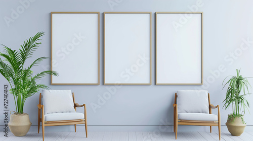 Empty blank wall mounted picture frame. Modern interior design. 3D render