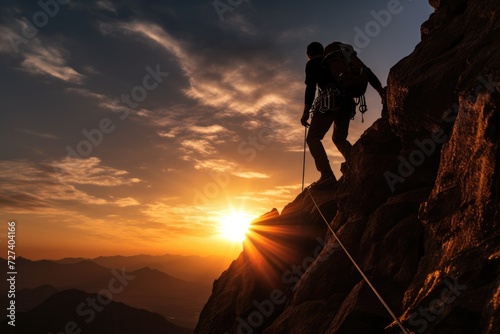 A man braving the elements as he climbs up the side of a mountain during a captivating and awe-inspiring sunset, Silhouette of Rock Climber at Sunset, AI Generated photo