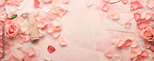 Romantic background composition with pink rose petals  on soft paper background with blossoming rose  vintage scroll and envelope. Valentine s Day. Cosmetic products. Wedding invitation