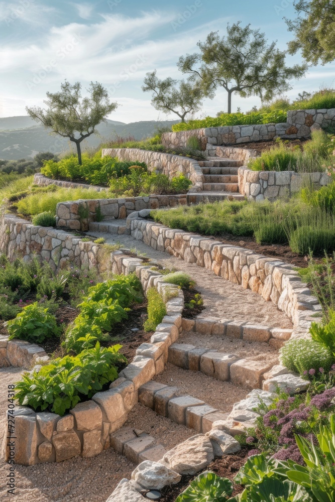 A terraced garden on a hillside, featuring winding paths and retaining walls adorned with flora.