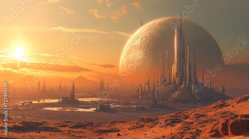Photographie A futuristic space colony on a distant planet, imagining the future of human colonization