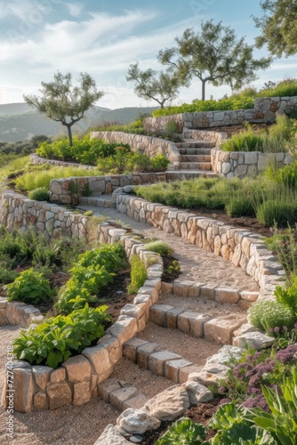 A terraced garden on a hillside, featuring winding paths and retaining walls adorned with flora.