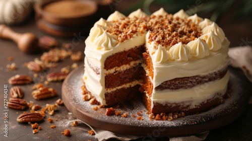 A moist carrot cake with cream cheese frosting, adorned with finely chopped walnuts.