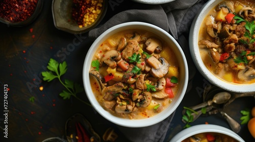 mushroom soup, the hearty combination of champignons, paprika, potatoes, meat, and spices in white bowls set on a dark table, to savor the comforting warmth of this delicious meal. © lililia