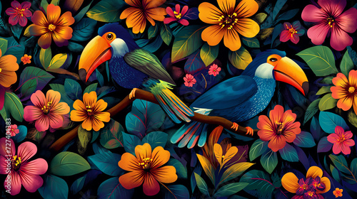 Birds Sitting on Branch Surrounded by Flowers