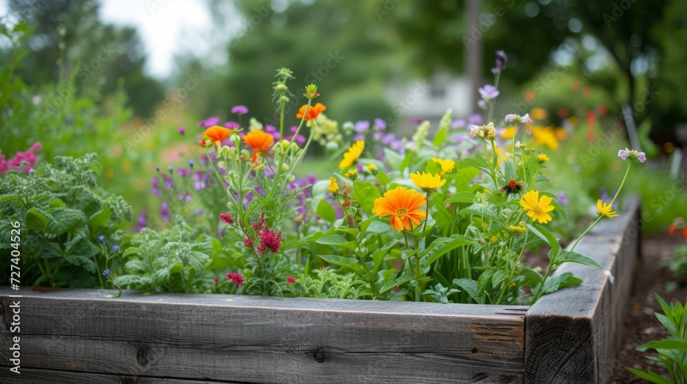 A raised garden bed with pollinator-friendly plants, attracting bees, butterflies, and birds
