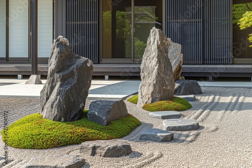 A Zen-inspired rock garden, minimalist and serene, with carefully placed ston...