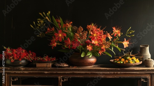 Myanmar's Thingyan flower, also known as padauk, delicately arranged on a table against a dark background, symbolizing the essence of springtime and cultural celebration in Myanmar. photo