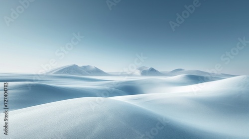 A serene, snowy landscape with pristine white expanses, exemplifying minimalist purity in winter. © olegganko