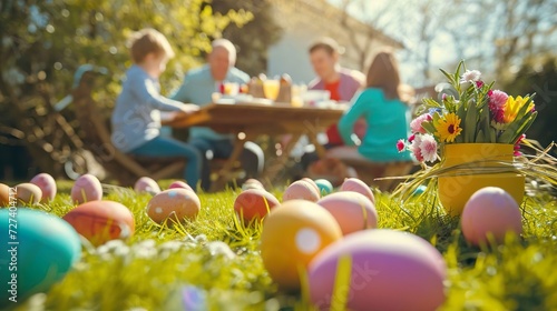 Easter scene in spring, family, easter with easter bunny photo