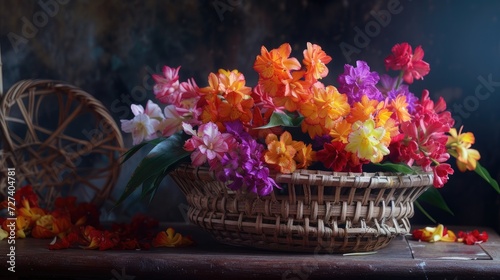 Myanmar's Thingyan flower, also known as padauk, delicately arranged on a table against a dark background, symbolizing the essence of springtime and cultural celebration in Myanmar. photo