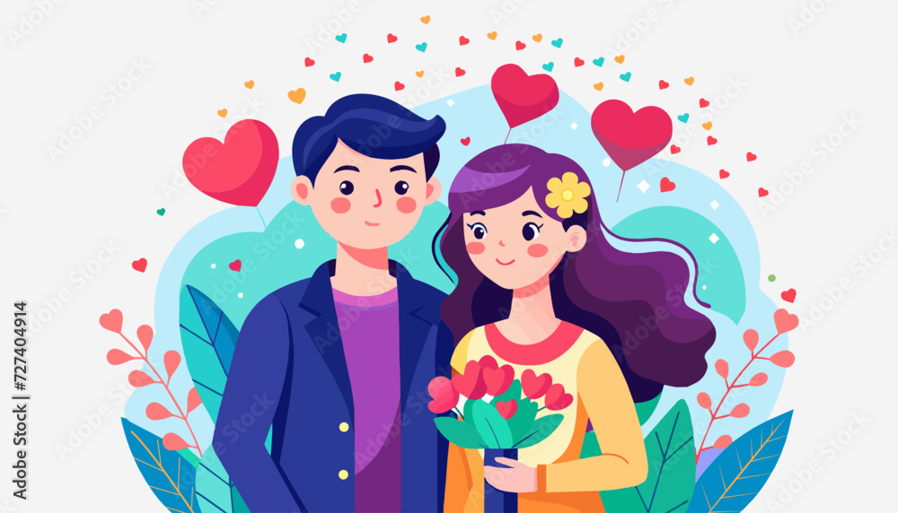 Romantic couple's valentine's day celebration with rose flower vector illustration background Romantic couple's valentine's day celebration with rose flower vector illustration background