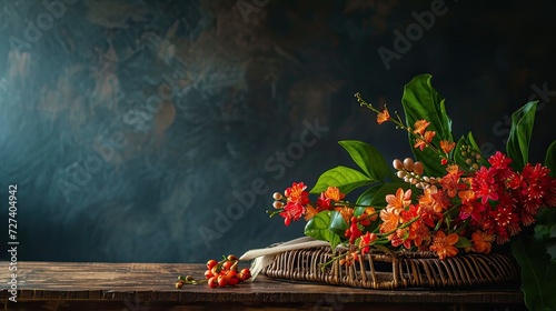 Myanmar's Thingyan flower, also known as padauk, delicately arranged on a table against a dark background, symbolizing the essence of springtime and cultural celebration in Myanmar. photo