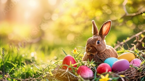 Easter scene in spring, family, easter with easter bunny
