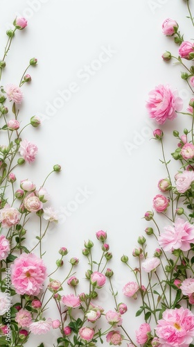 spring flowers against a pristine white background  leaving ample space for text placement at the top of the composition  while showcasing the vibrant blooms at the bottom.