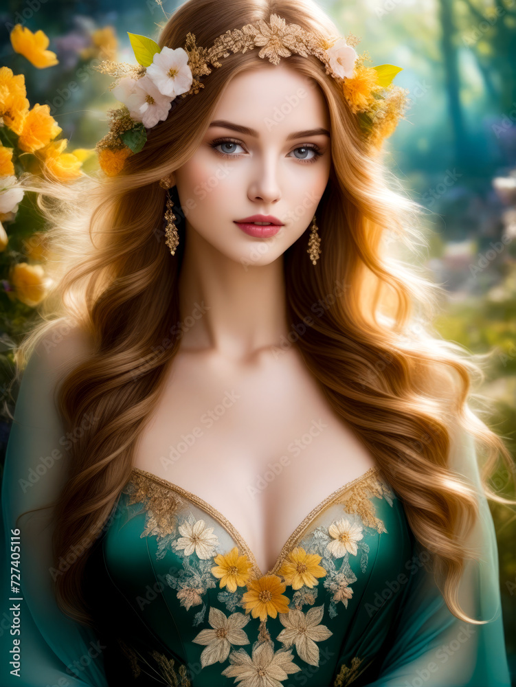 Woman with long hair wearing green dress and flowers in her hair. Woman with long hair wearing green dress and flowers in her hair.