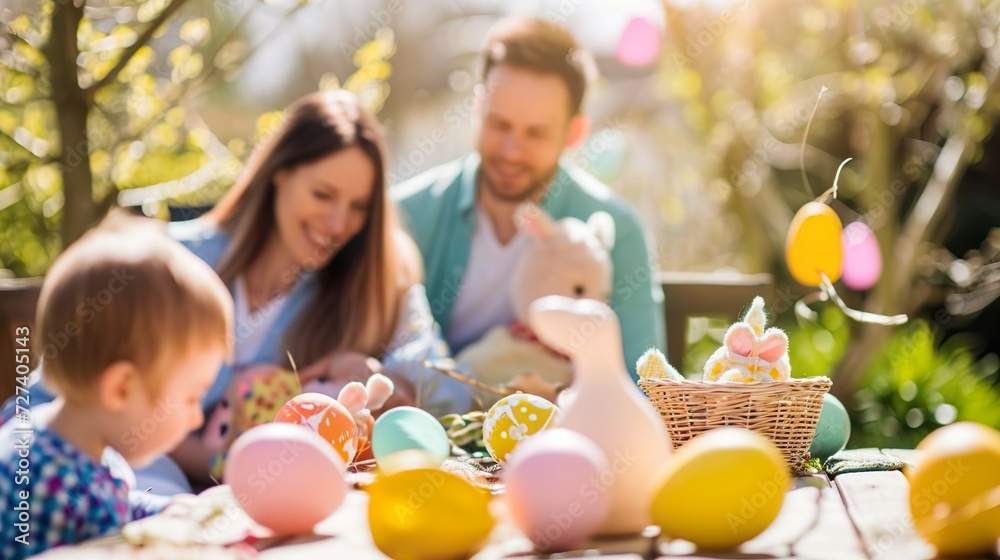 Fototapeta premium Easter scene in spring, family, easter with easter bunny