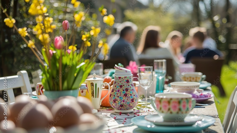 Easter scene in spring, family, easter with easter bunny Easter scene in spring, family, easter with easter bunny
