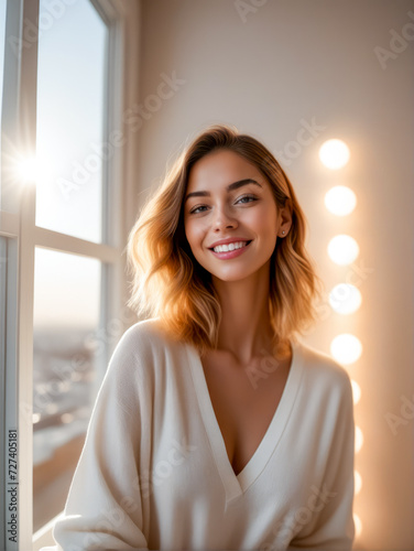 Woman standing in front of window with smile on her face. Free Download Woman standing in front of window with smile on her face. - GFXLoad