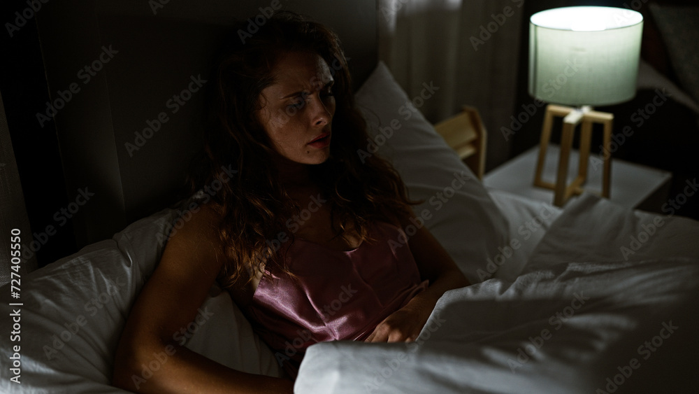 Obraz premium A thoughtful young woman sits in bed with a lamp on in a dimly lit bedroom, imparting a contemplative mood.