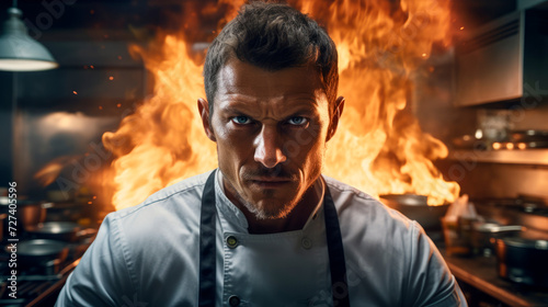 Portrait Resolute professional male chef with intense gaze stands in a commercial kitchen, flames blazing behind his back. Culinary competition and training. Urgent order