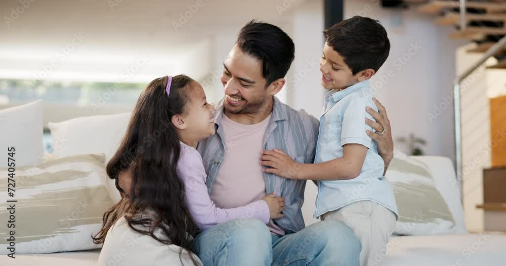 Running, sofa or father with children to hug in home for care, safety or bonding together to relax. Smile, siblings or happy single parent dad with kids for support, love or security in family house Running, sofa or father with children to hug in home for care, safety or bonding together to relax. Smile, siblings or happy single parent dad with kids for support, love or security in family house