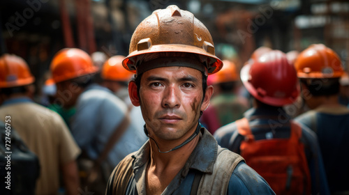 An experienced worker with stern expression, wearing a hard hat and protective vest, stands on a noisy construction site, the harsh reality of labor. Precautions. Construction of buildings, structures