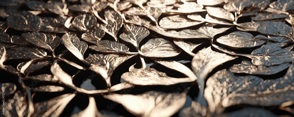 there is a close up of a metal surface with leaves there is a close up of a metal surface with leaves