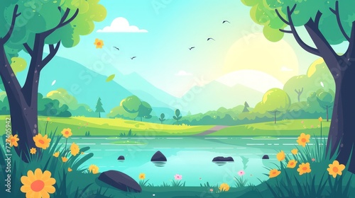 Illustration natural spring landscape park with lake and mountain flat style background.Generated AI