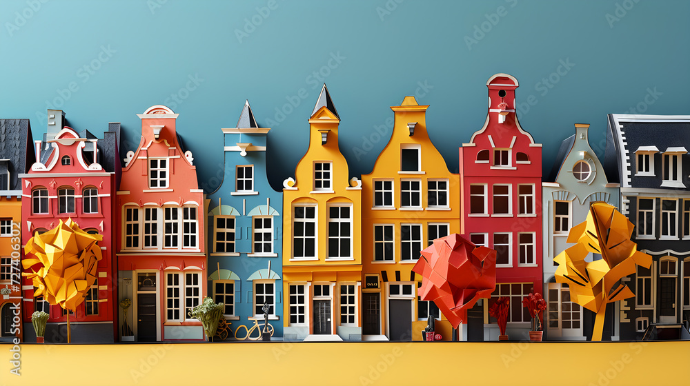 Fototapeta premium rchitectural Elegance: Papercut Cityscape of Amsterdam's Downtown Charm. Generative AI