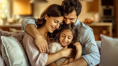 a loving young man hugs his wife and their precious daughter on the sofa. Their smiles and the warmth in their eyes create a perfect family portrait, embodying the essence of love and connection.