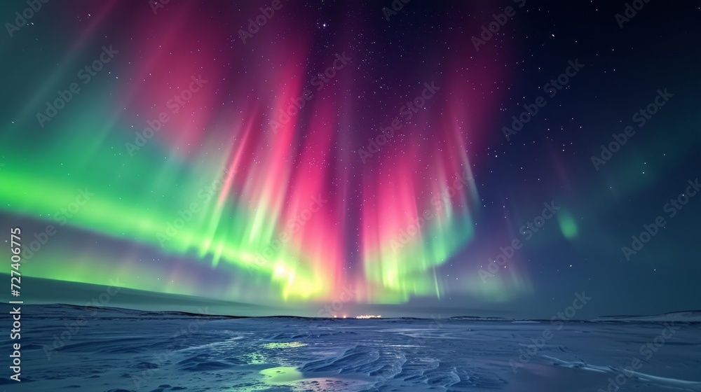 The aurora borealis painting the polar skies with vibrant hues of green and pink.